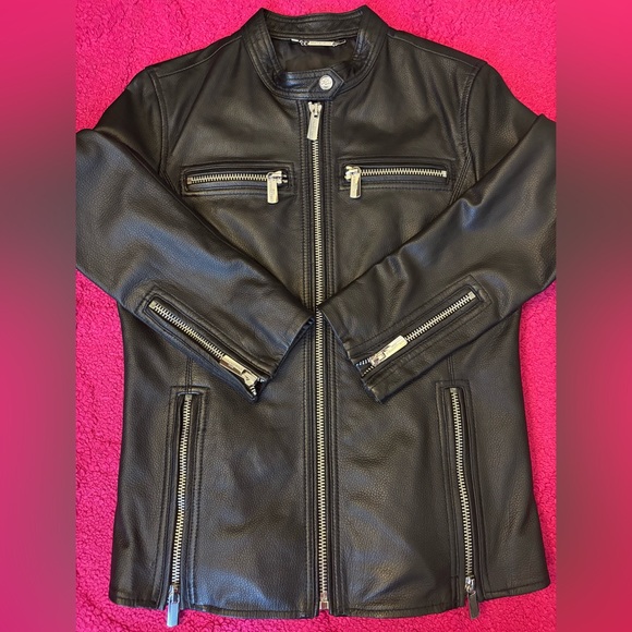 Karl Lagerfeld Black Leather Jacket with Signature Lining - Picture 3 of 9